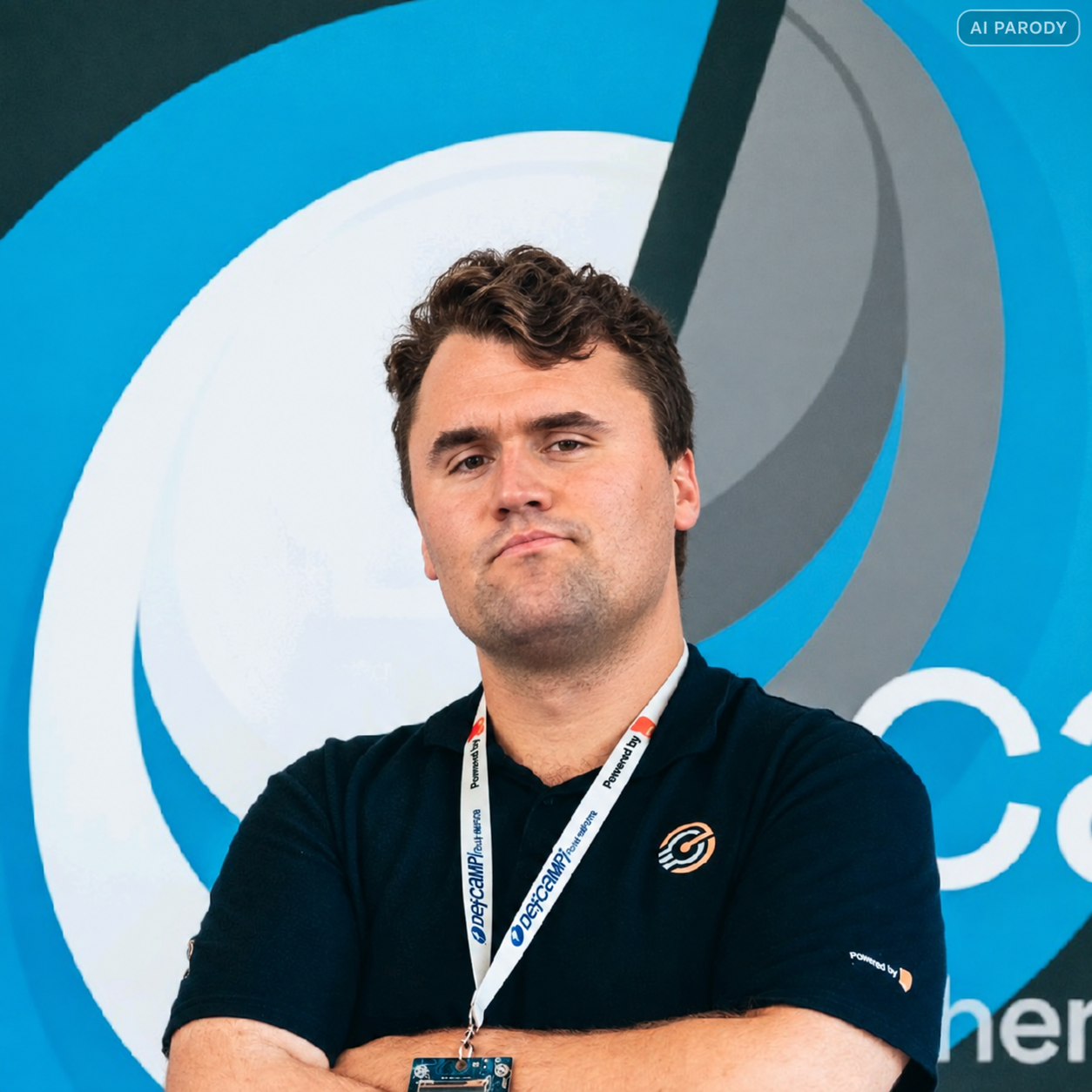 Brev with folded arms against a vivid blue backdrop; the supplied image is labeled AI parody.